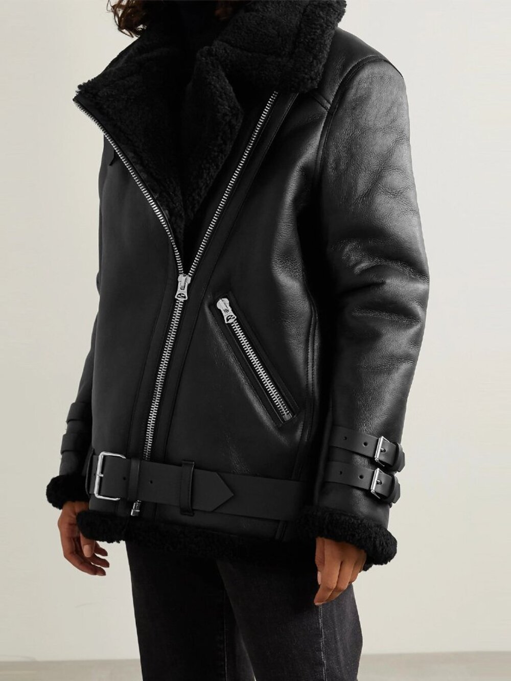 ACNE STUDIOS Velocite Shearling Aviator Jacket – Black/Black – FR 36 / S